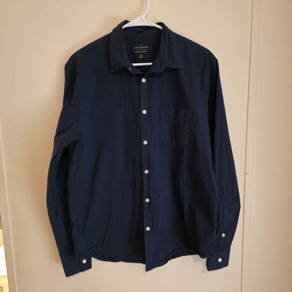 Lucky Brand Mens Button Down Saturday Stretch Shirt Size Large Navy Blue Striped